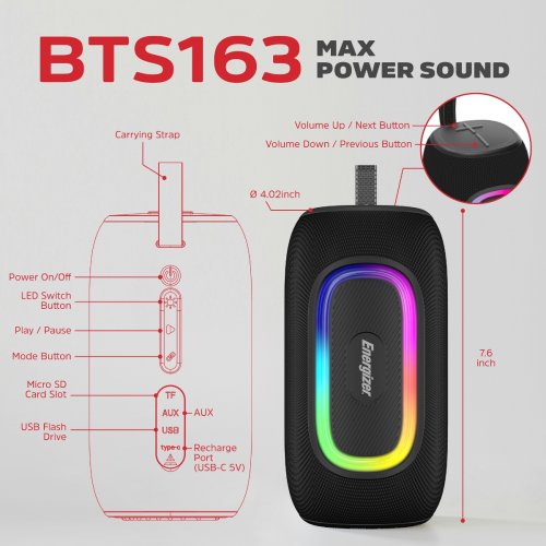 Портативна акустика Energizer BTS163 RGB 16W Black купити в Україні: Київ, Львів, Хмельницький, Тернопіль, Івано-Франківськ | Низька ціна, відгуки, характеристики від TELEMART фото