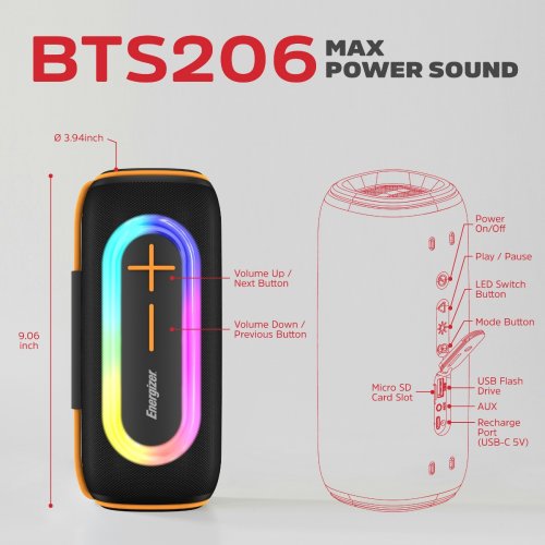 Портативна акустика Energizer BTS206 20W Black купити в Україні: Київ, Львів, Хмельницький, Тернопіль, Івано-Франківськ | Низька ціна, відгуки, характеристики від TELEMART фото