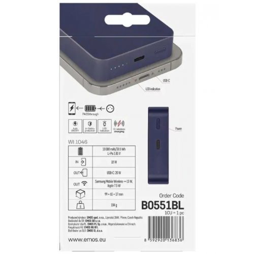 Powerbank Emos MagSafe 10000mAh 20W (B0551BL) Blue купить в Украине: Киев, Днепр, Харьков, Одесса  | Низкая цена, отзывы, характеристики от TELEMART фото