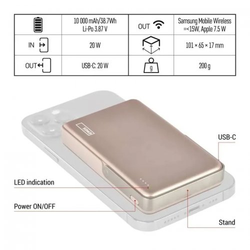 Powerbank Emos MagSafe 10000mAh 20W (B0552RG) Rose Gold купить в Украине: Киев, Днепр, Харьков, Одесса  | Низкая цена, отзывы, характеристики от TELEMART фото