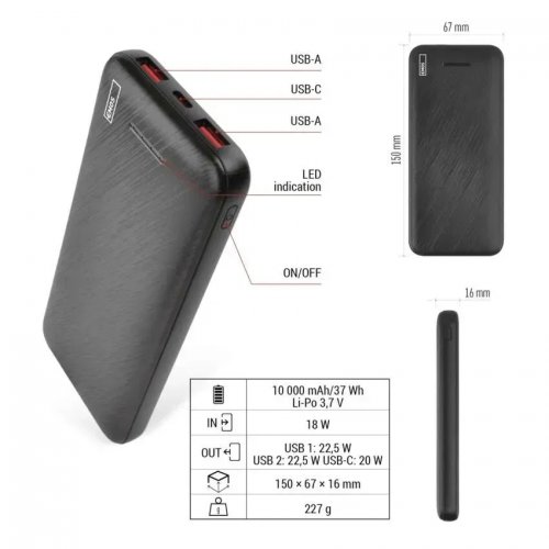 Powerbank Emos 10000mAh 22.5W (B0571B) Black купить в Украине: Киев, Днепр, Харьков, Одесса  | Низкая цена, отзывы, характеристики от TELEMART фото