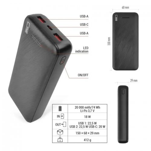 Powerbank Emos 20000mAh 22.5W (B0572B) Black купить в Украине: Киев, Днепр, Харьков, Одесса  | Низкая цена, отзывы, характеристики от TELEMART фото