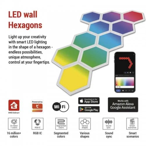 Комплект умного светодиодного освещения Emos ZIW22AR HEXAGON Wi-Fi RGBIC купить в Украине: Киев, Днепр, Харьков, Одесса  | Низкая цена, отзывы, характеристики от TELEMART фото