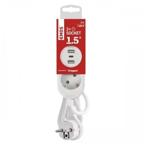 Мережевий подовжувач Emos 1.5 м 2 розетки + 2 x USB + 1 x USB Type-C (P0221U) купити в Україні: Київ, Львів, Хмельницький, Тернопіль, Івано-Франківськ | Низька ціна, відгуки, характеристики від TELEMART фото