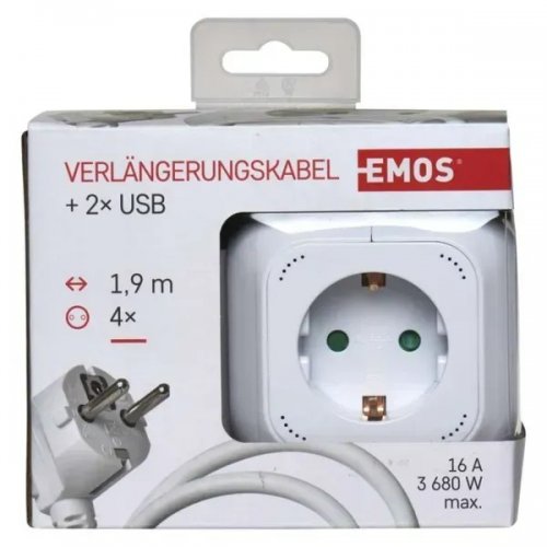Мережевий подовжувач Emos 1.9 м 4 розетки + 2 x USB (P04219GU) купити в Україні: Київ, Львів, Хмельницький, Тернопіль, Івано-Франківськ | Низька ціна, відгуки, характеристики від TELEMART фото
