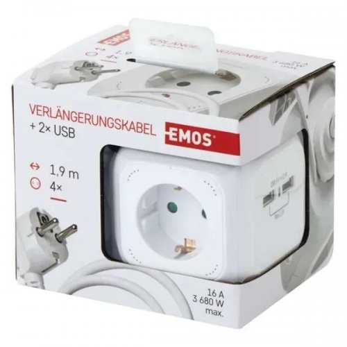 Мережевий подовжувач Emos 1.9 м 4 розетки + 2 x USB (P04219GU) купити в Україні: Київ, Львів, Хмельницький, Тернопіль, Івано-Франківськ | Низька ціна, відгуки, характеристики від TELEMART фото