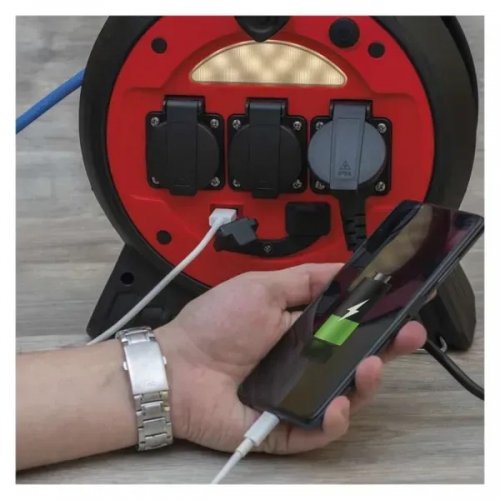 Сетевой удлинитель на катушке Emos 20 м 3 розетки + 2 x USB (P08620W) купить в Украине: Киев, Днепр, Харьков, Одесса  | Низкая цена, отзывы, характеристики от TELEMART фото