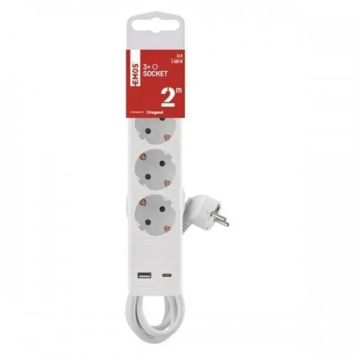 Мережевий подовжувач Emos 2 м 3 розетки + 1 x USB + 1 x USB Type-C (P1322CU) купити в Україні: Київ, Львів, Хмельницький, Тернопіль, Івано-Франківськ | Низька ціна, відгуки, характеристики від TELEMART фото
