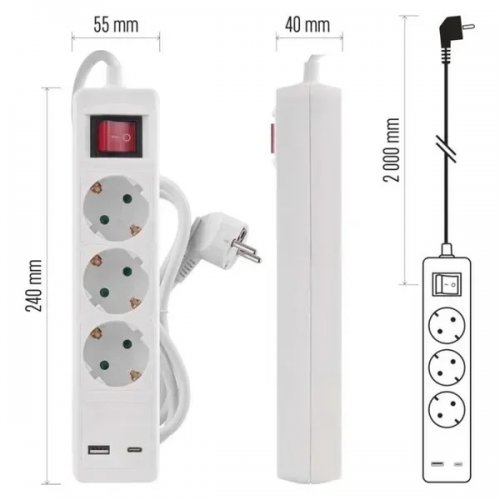 Мережевий подовжувач Emos 2 м 3 розетки + 1 x USB + 1 x USB Type-C (P1322CU) купити в Україні: Київ, Львів, Хмельницький, Тернопіль, Івано-Франківськ | Низька ціна, відгуки, характеристики від TELEMART фото