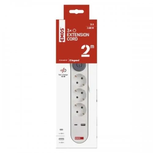 Мережевий подовжувач Emos 2 м 3 розетки + 2 x USB + 1 x USB Type-C (P1322PD) купити в Україні: Київ, Львів, Хмельницький, Тернопіль, Івано-Франківськ | Низька ціна, відгуки, характеристики від TELEMART фото