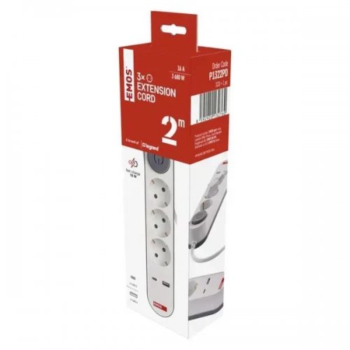 Мережевий подовжувач Emos 2 м 3 розетки + 2 x USB + 1 x USB Type-C (P1322PD) купити в Україні: Київ, Львів, Хмельницький, Тернопіль, Івано-Франківськ | Низька ціна, відгуки, характеристики від TELEMART фото