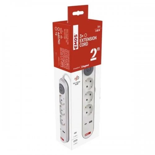 Мережевий подовжувач Emos 2 м 3 розетки + 2 x USB + 1 x USB Type-C (P1322PD) купити в Україні: Київ, Львів, Хмельницький, Тернопіль, Івано-Франківськ | Низька ціна, відгуки, характеристики від TELEMART фото