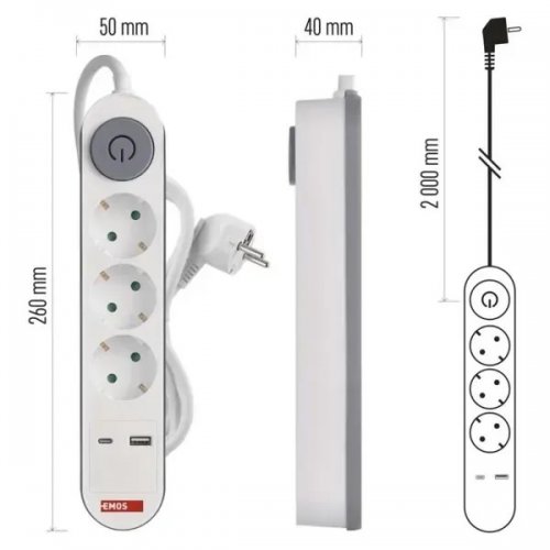 Мережевий подовжувач Emos 2 м 3 розетки + 2 x USB + 1 x USB Type-C (P1322PD) купити в Україні: Київ, Львів, Хмельницький, Тернопіль, Івано-Франківськ | Низька ціна, відгуки, характеристики від TELEMART фото