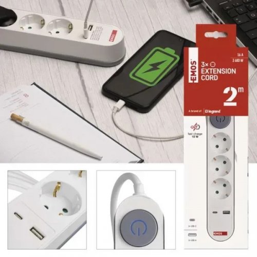 Мережевий подовжувач Emos 2 м 3 розетки + 2 x USB + 1 x USB Type-C (P1322PD) купити в Україні: Київ, Львів, Хмельницький, Тернопіль, Івано-Франківськ | Низька ціна, відгуки, характеристики від TELEMART фото