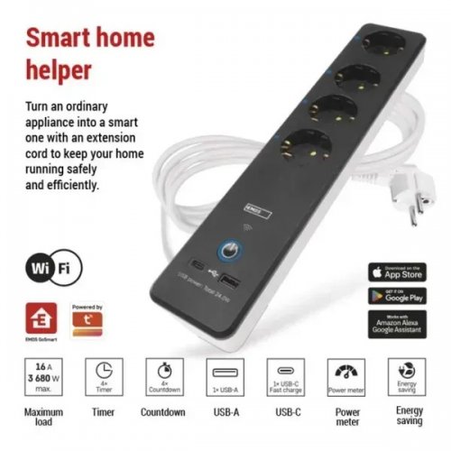 Мережевий подовжувач Emos 2 м 4 розетки + 1 x USB + 1 x USB Type-C (P1422SM) купити в Україні: Київ, Львів, Хмельницький, Тернопіль, Івано-Франківськ | Низька ціна, відгуки, характеристики від TELEMART фото