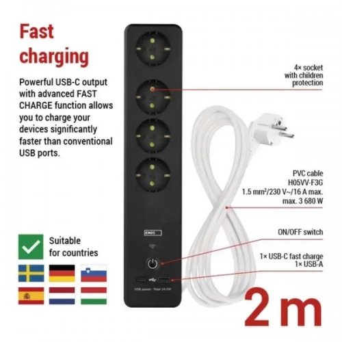 Мережевий подовжувач Emos 2 м 4 розетки + 1 x USB + 1 x USB Type-C (P1422SM) купити в Україні: Київ, Львів, Хмельницький, Тернопіль, Івано-Франківськ | Низька ціна, відгуки, характеристики від TELEMART фото