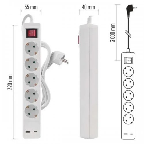 Сетевой удлинитель Emos 3 м 5 розеток + 1 x USB + 1 x USB Type-C (P1523CU) купить в Украине: Киев, Днепр, Харьков, Одесса  | Низкая цена, отзывы, характеристики от TELEMART фото