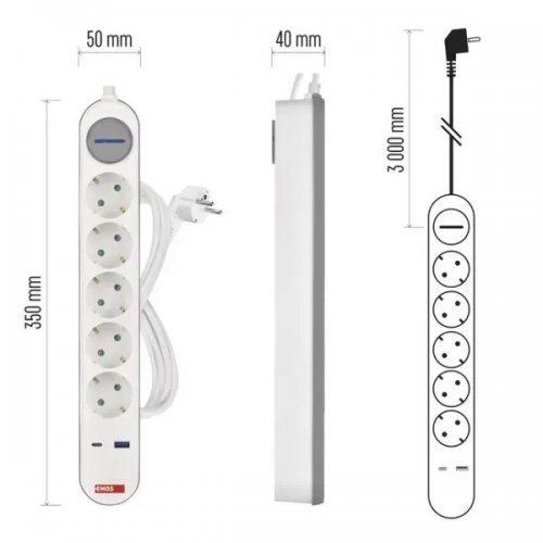 Сетевой удлинитель Emos 3 м 5 розеток + 1 x USB + 1 x USB Type-C (P1523FC) купить в Украине: Киев, Днепр, Харьков, Одесса  | Низкая цена, отзывы, характеристики от TELEMART фото