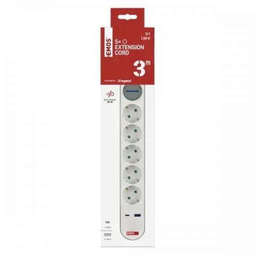 Сетевой удлинитель Emos 3 м 5 розеток + 1 x USB + 1 x USB Type-C (P1523FC) купить в Украине: Киев, Днепр, Харьков, Одесса  | Низкая цена, отзывы, характеристики от TELEMART фото