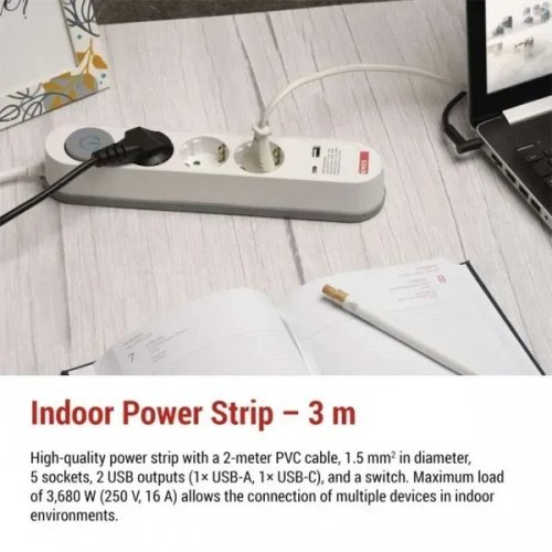 Сетевой удлинитель Emos 3 м 5 розеток + 1 x USB + 1 x USB Type-C (P1523FC) купить в Украине: Киев, Днепр, Харьков, Одесса  | Низкая цена, отзывы, характеристики от TELEMART фото