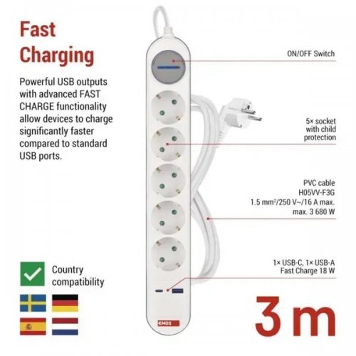 Сетевой удлинитель Emos 3 м 5 розеток + 1 x USB + 1 x USB Type-C (P1523FC) купить в Украине: Киев, Днепр, Харьков, Одесса  | Низкая цена, отзывы, характеристики от TELEMART фото