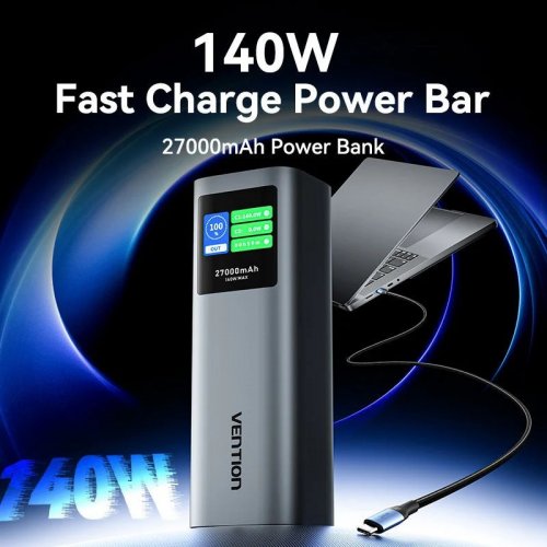 Powerbank Vention 27000mAh 140W (FKEH0) Gray купить в Украине: Киев, Днепр, Харьков, Одесса  | Низкая цена, отзывы, характеристики от TELEMART фото