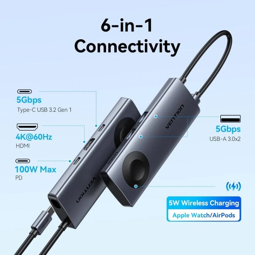 USB-хаб Vention USB Type-C 6 in 1 (TPMHB) Gray купить в Украине: Киев, Днепр, Харьков, Одесса  | Низкая цена, отзывы, характеристики от TELEMART фото