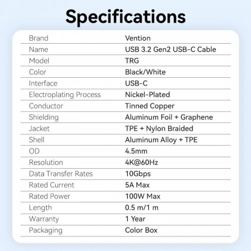 Кабель Vention USB Type-C to USB Type-C 100W 0.5m (TRGWD) White купить в Украине: Киев, Днепр, Харьков, Одесса  | Низкая цена, отзывы, характеристики от TELEMART фото