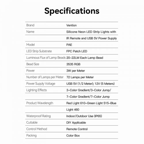 Світлодіодна неонова стрічка Vention Silicone Neon LED Strip Lights with IR Remote 5V 2m (PAEWH) купити в Україні: Київ, Львів, Хмельницький, Тернопіль, Івано-Франківськ | Низька ціна, відгуки, характеристики від TELEMART фото