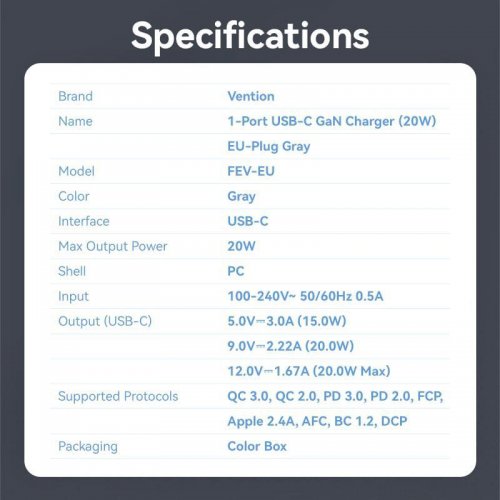 Мережевий зарядний пристрій Vention GaN USB Type-C 20W (FEVH0-EU) Gray купити в Україні: Київ, Львів, Хмельницький, Тернопіль, Івано-Франківськ | Низька ціна, відгуки, характеристики від TELEMART фото