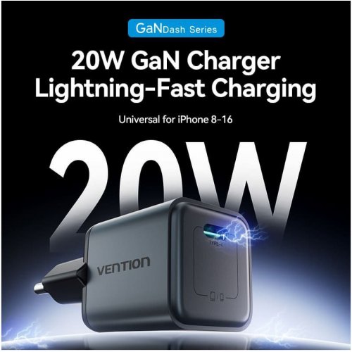Мережевий зарядний пристрій Vention GaN USB Type-C 20W (FEVH0-EU) Gray купити в Україні: Київ, Львів, Хмельницький, Тернопіль, Івано-Франківськ | Низька ціна, відгуки, характеристики від TELEMART фото