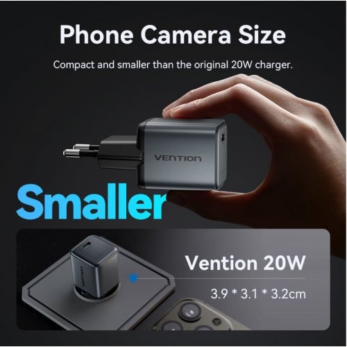 Мережевий зарядний пристрій Vention GaN USB Type-C 20W (FEVH0-EU) Gray купити в Україні: Київ, Львів, Хмельницький, Тернопіль, Івано-Франківськ | Низька ціна, відгуки, характеристики від TELEMART фото