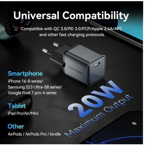 Мережевий зарядний пристрій Vention GaN USB Type-C 20W (FEVH0-EU) Gray купити в Україні: Київ, Львів, Хмельницький, Тернопіль, Івано-Франківськ | Низька ціна, відгуки, характеристики від TELEMART фото