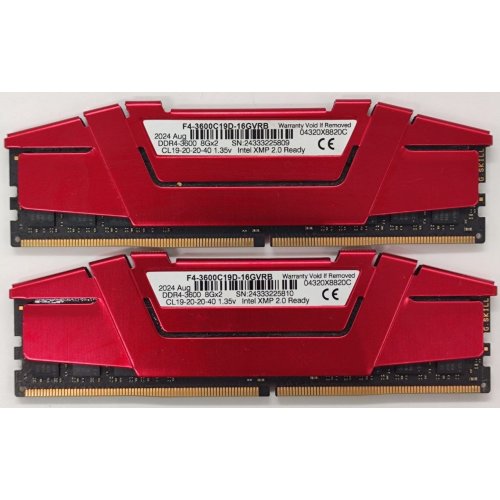 Озп G.Skill DDR4 16GB (2x8GB) 3600Mhz Ripjaws V Red (F4-3600C19D-16GVRB) (Відновлено продавцем, 894920) купити в Україні: Київ, Львів, Хмельницький, Тернопіль, Івано-Франківськ | Перевірка сумісності, низька ціна, відгуки, характеристики від TELEMART фото