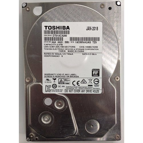 Жорсткий диск Toshiba 2TB 64MB 7200RPM 3.5" (DT01ACA200) (Відновлено продавцем, 895113) купити в Україні: Київ, Львів, Хмельницький, Тернопіль, Івано-Франківськ | Перевірка сумісності, низька ціна, відгуки, характеристики від TELEMART фото