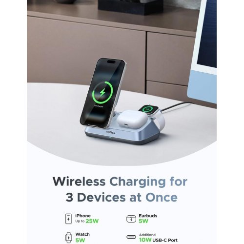 Беспроводное зарядное устройство Ugreen W711 3 in 1 Magnetic Wireless 25W (55677) Blue купить в Украине | Telemart фото