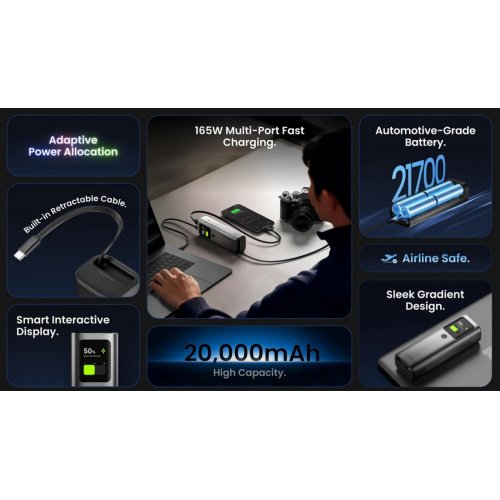 Powerbank SHARGE Retractable 165 20000mAh 165W (YDD-SG-E4SSX-HEI) Space Gray купить в Украине | Telemart фото