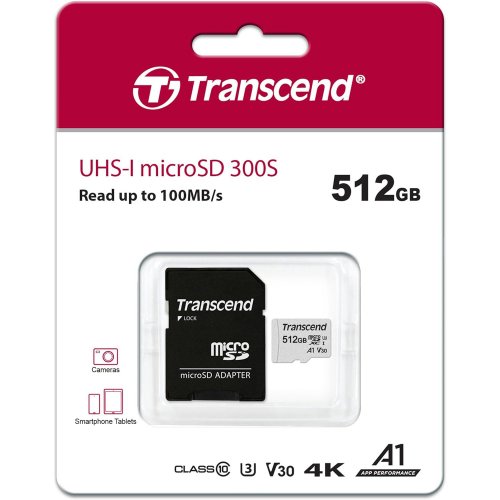 Карта пам'яті Transcend microSDXC 300S 512GB UHS-I U3 V30 A1 (з адаптером) (TS512GUSD300S-A) купити в Україні | Telemart фото