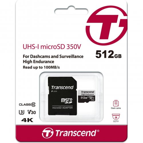 Карта пам'яті Transcend microSDXC High Endurance 512GB Class 10 UHS-I U3 (з адаптером) (TS512GUSD350V) купити в Україні | Telemart фото
