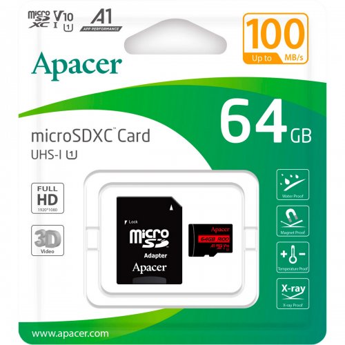 Карта памяти Apacer microSDXC R100 64GB UHS-I U1 V10 A1 (з адаптером) (AP64GMCSX10UB-R) купить в Украине | Telemart фото