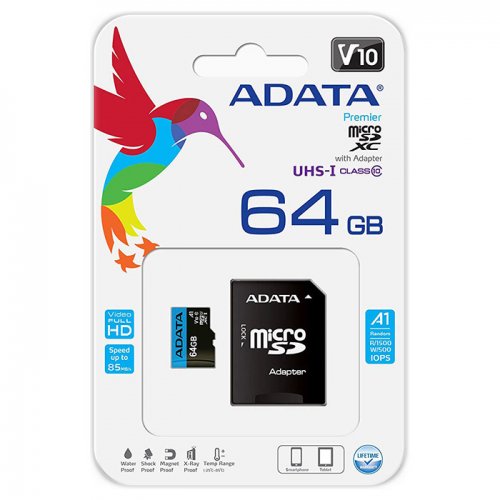 Карта пам'яті ADATA microSDXC Premier 64GB Class 10 UHS-I (з адаптером) (AUSDX64GUICL10A1-RA1) купити в Україні | Telemart фото