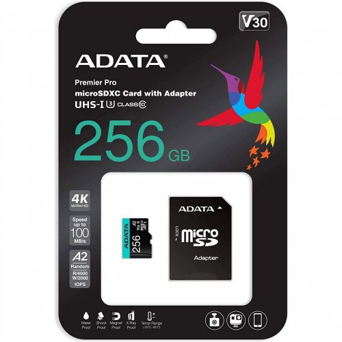 Карта памяти ADATA microSDXC Premier Pro 256GB Class 10 UHS-I U3 V30 A1 (з адаптером) (AUSDX256GUI3V30SA2-RA1) купить в Украине | Telemart фото
