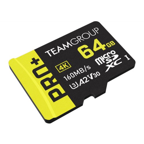 Карта пам'яті Team microSDXC Pro+ 64GB Class 10 UHS-I U3 V30 A2 (з адаптером) (TPPMSDX64GIA2V3003) купити в Україні | Telemart фото