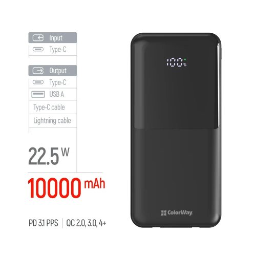 Powerbank ColorWay DigiPower 10000mAh 22.5W (CW-PB100LP01BK) Black купити в Україні | Telemart фото