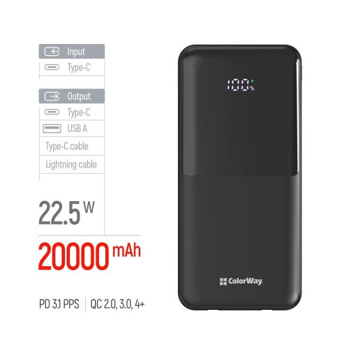 Powerbank ColorWay DigiPower 20000mAh 22.5W (CW-PB200LP01BK) Black купити в Україні | Telemart фото