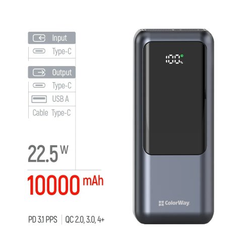 Powerbank ColorWay Urban 10000mAh 22.5W (CW-PB100LP03GR) Gray купити в Україні | Telemart фото