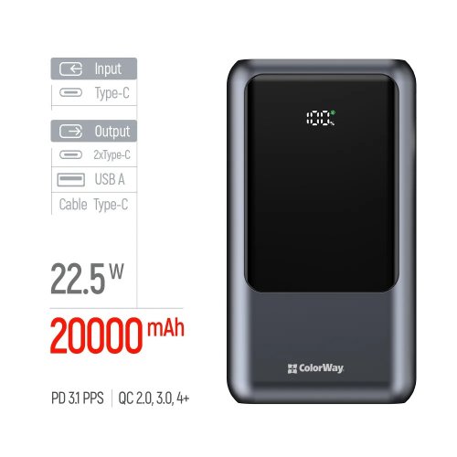 Powerbank ColorWay Urban 20000mAh 22.5W (CW-PB200LP03GR) Gray купити в Україні | Telemart фото