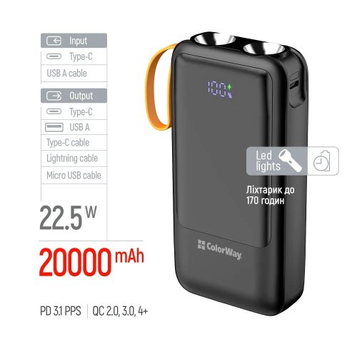 Powerbank ColorWay PowerHub 20000mAh 22.5W (CW-PB200LP07BK) Black купити в Україні | Telemart фото