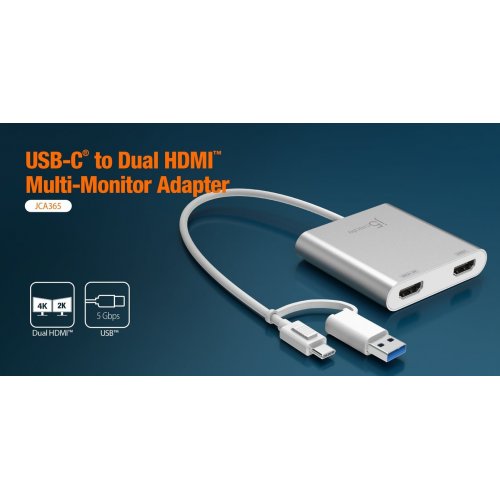 Сплиттер J5create JCA365 USB Type-C to 2 x HDMI (JCA365-N) Silver купить в Украине | Telemart фото