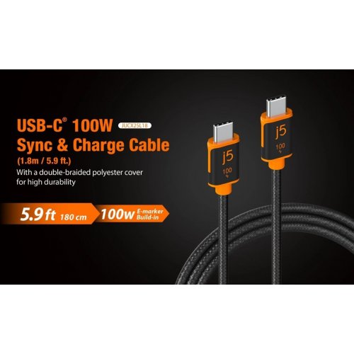 Кабель J5create JUCX25 USB Type-C to USB Type-C 100W 1.8m (JUCX25L18-N) Black купить в Украине | Telemart фото